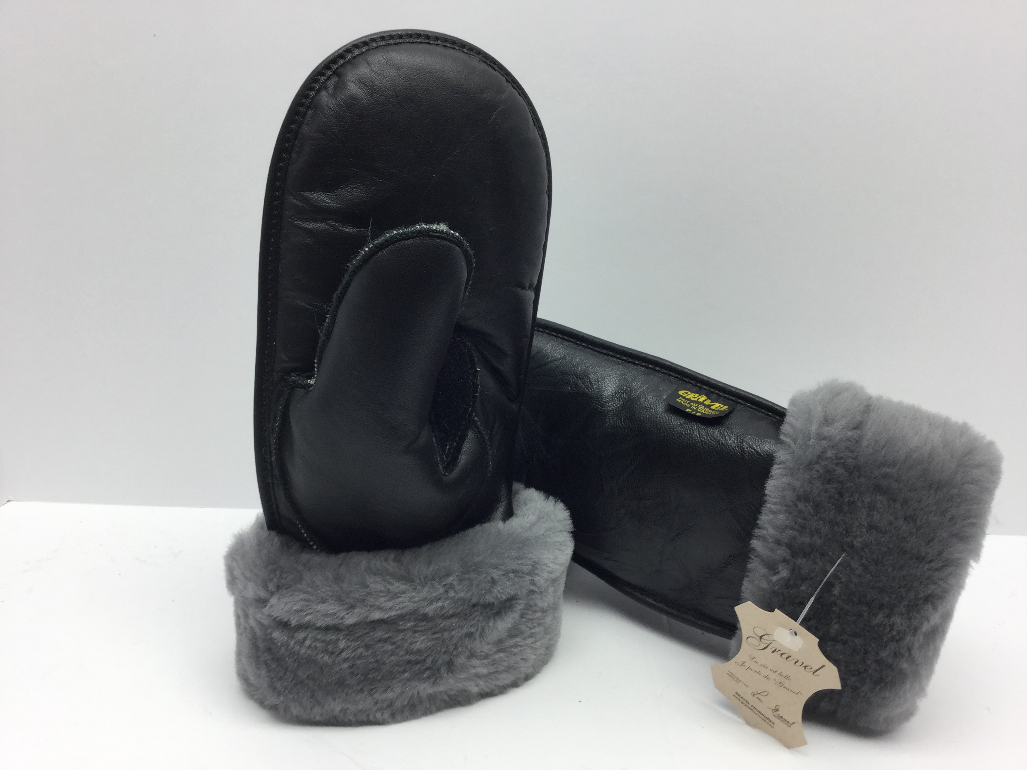 Black leather mittens - sheepskin gray