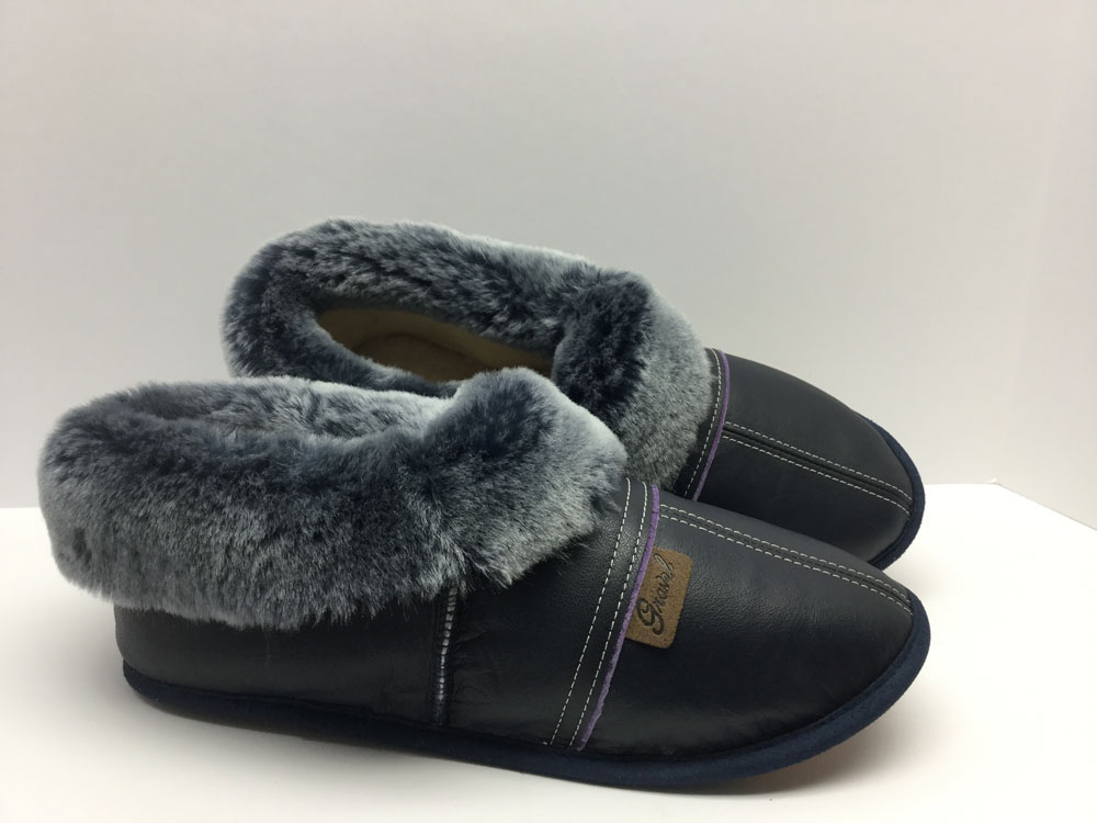 Slippers all-leather Dark blue / sheepskin fur lining - Sheepline brisa Dark blue Gravel
